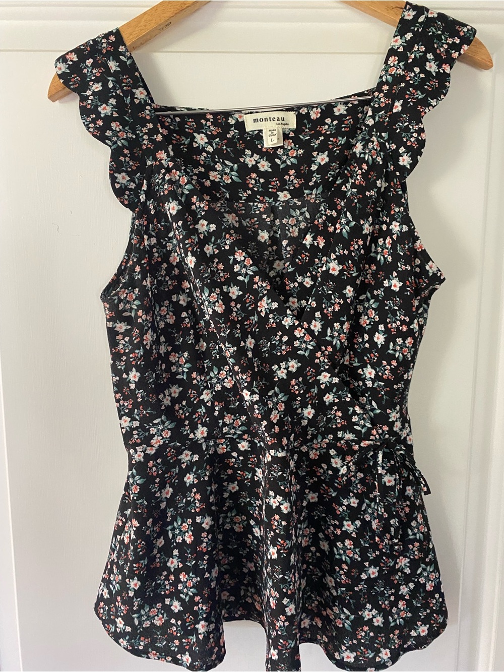Monteau Black Floral Peplum Tank with Ruffle Straps